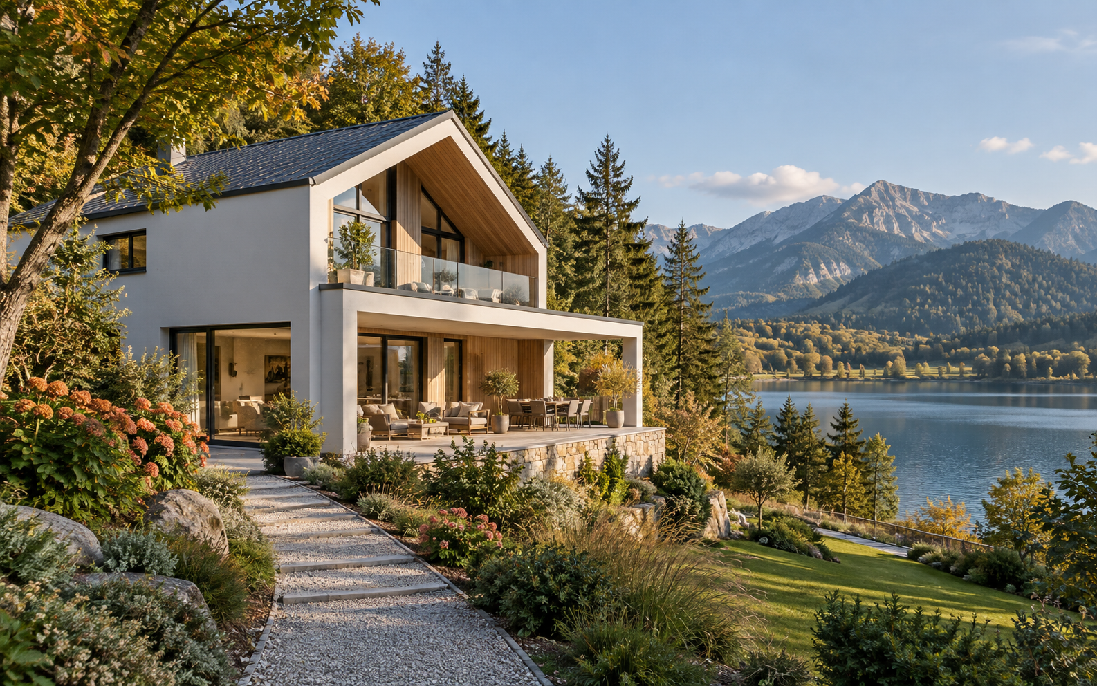 Modernes helles Haus zwischen Wald und See