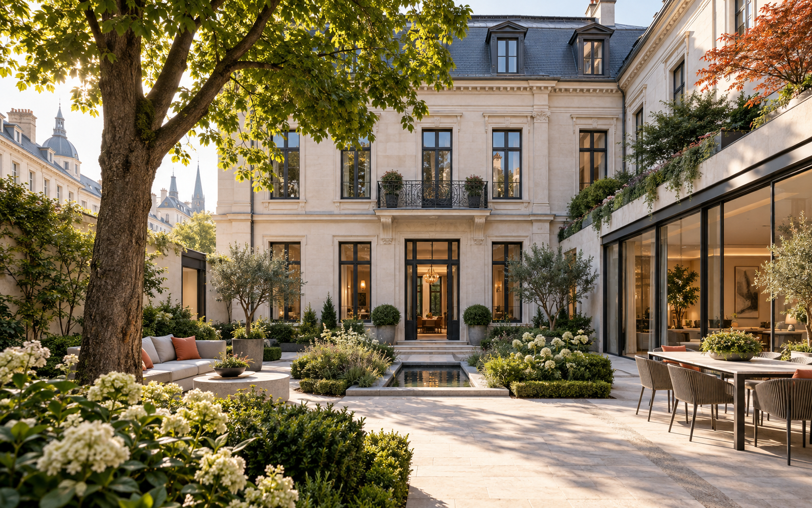 Elegantes Stadthaus mit grünem Innenhof und moderner Wohnarchitektur